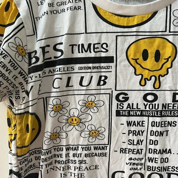 On Fire Womens Allover Graphic White T-Shirt “God is all you need” Large Smiley - Picture 3 of 10